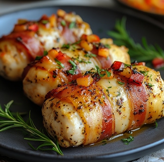 Chicken fillet rolls with paprika cheese threads in bacon
